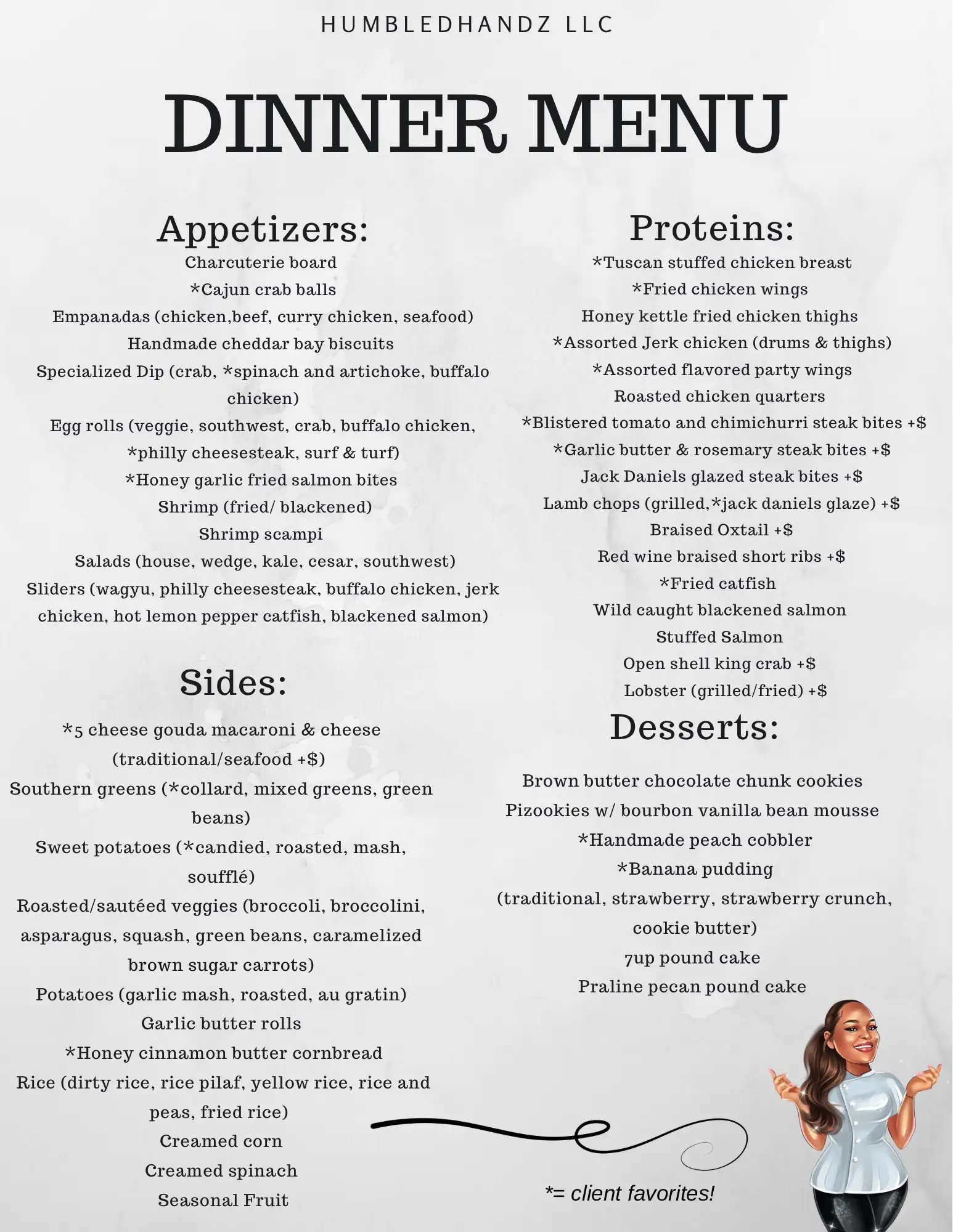 HumbledHandz dinner menu sheet: appetizers, proteins, sides and desserts, with client favorites starred