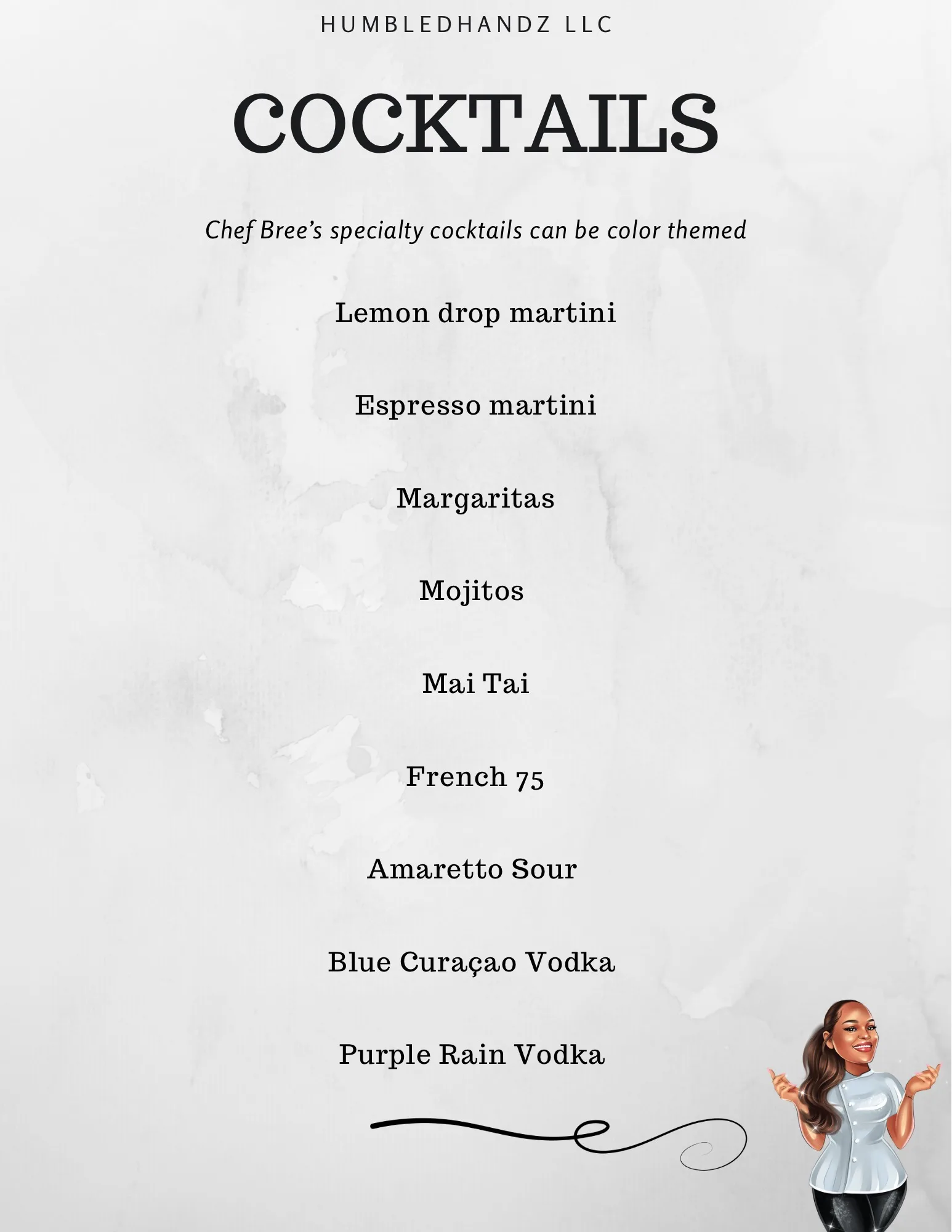 HumbledHandz cocktails menu sheet: nine specialty cocktails that can be color themed
